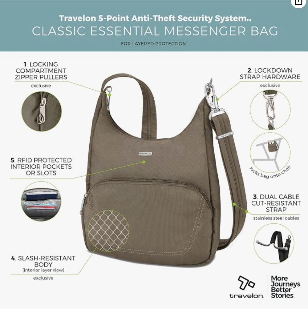 Travelon Anti-Theft Classic Essential Messenger Bag- Nutmeg